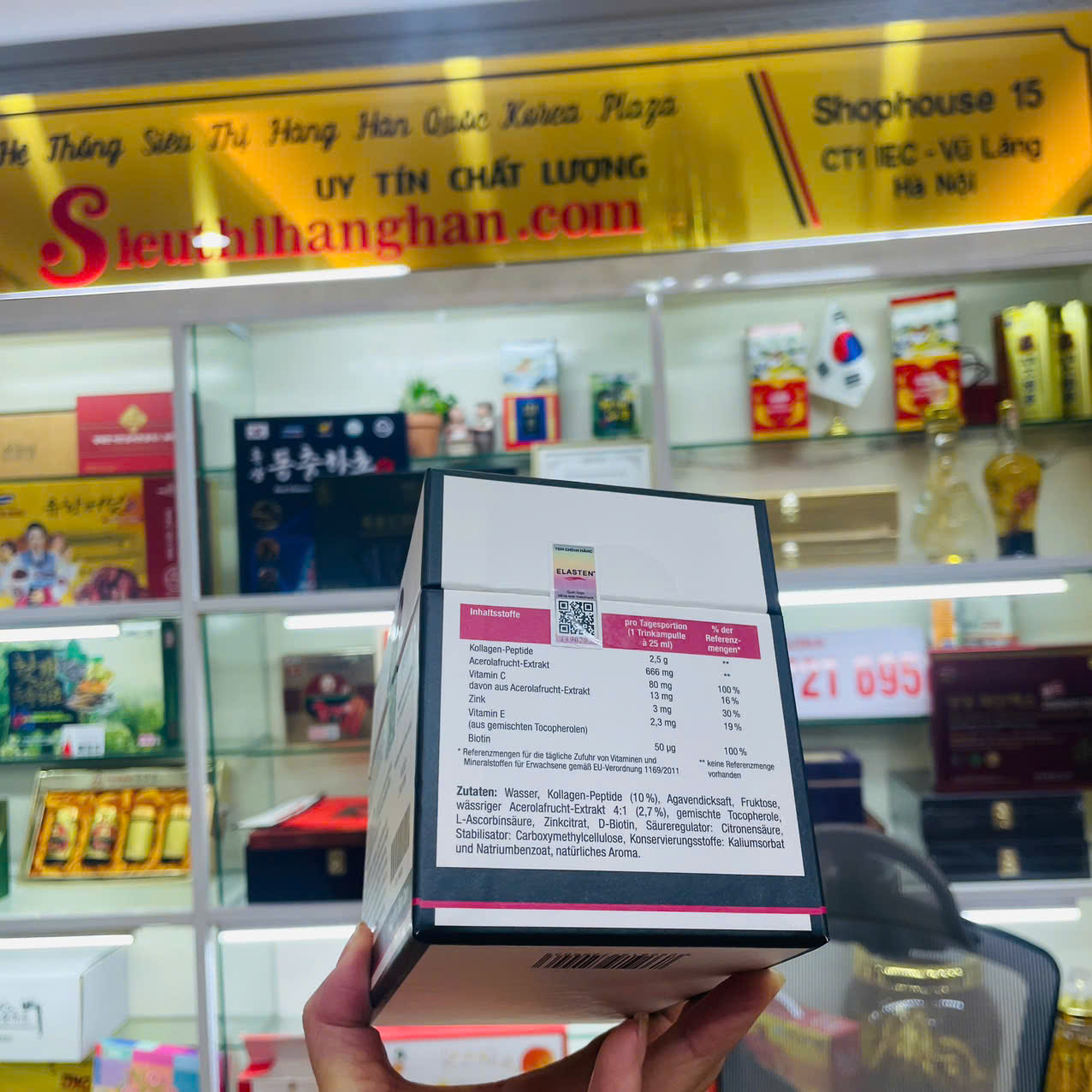 Mặt sau hộp Collagen Elasten Đức 28 ống bổ sung collagen peptide mỗi ngày.